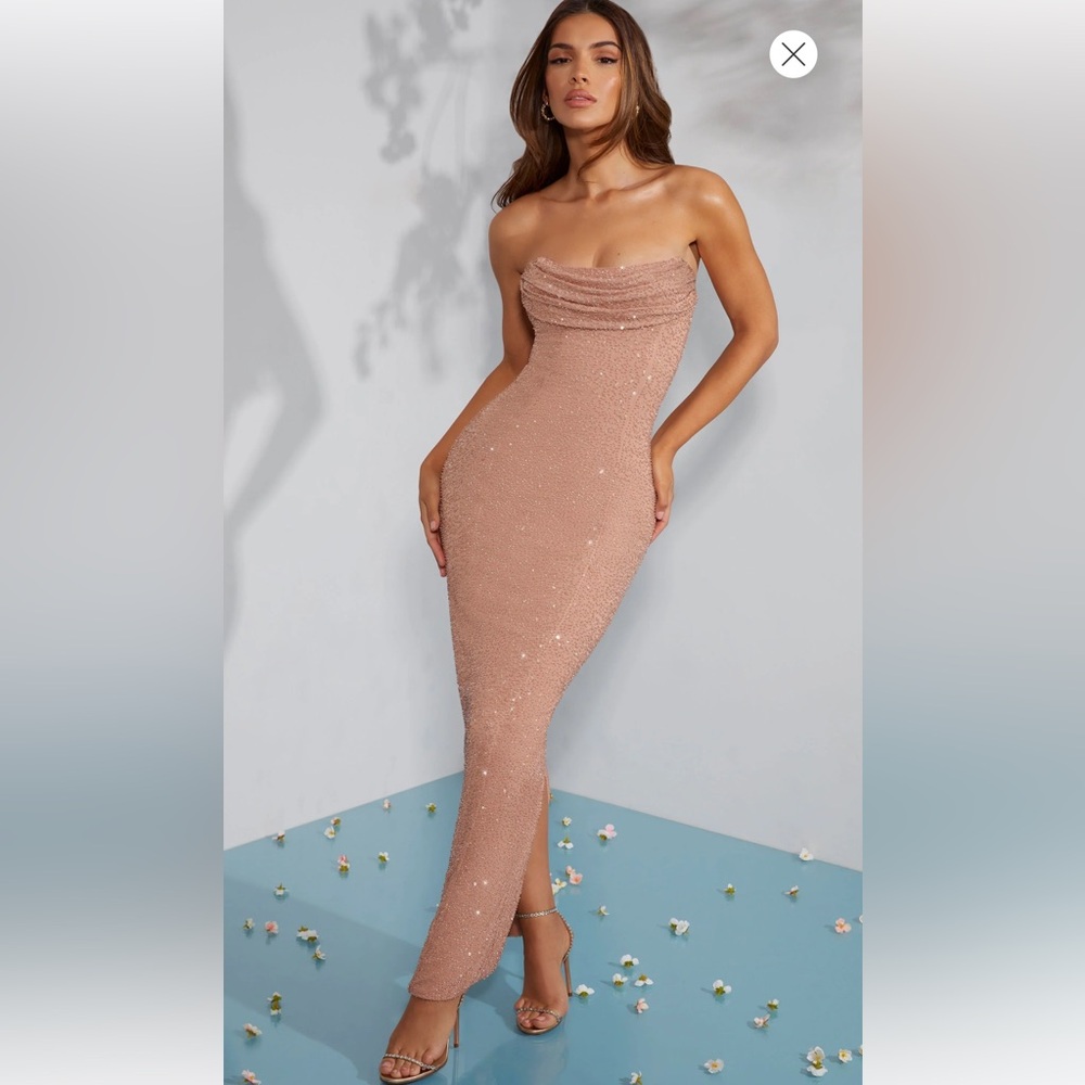 Oh Polly embellished Bandeau Cowl Neck Maxi dress in beige